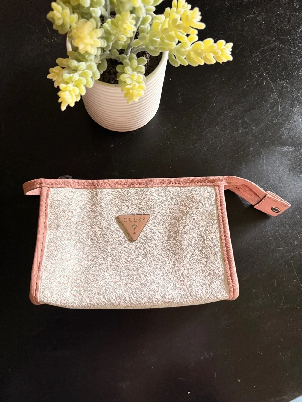 GUESS Cream Logo Wristlet with Pink Trim